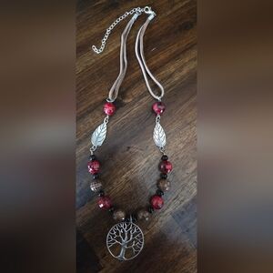 Boho Tree of Life Pendant Necklace Red Faceted Beads Suede Cord